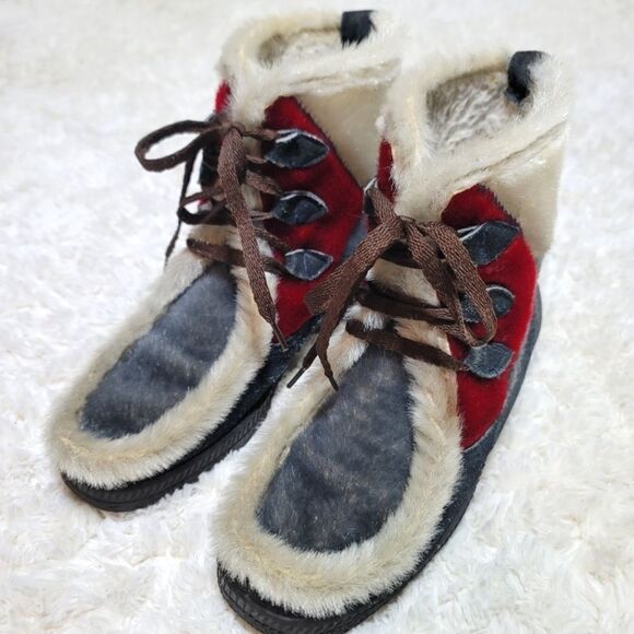 Ski-Lounger Italian Vintage 70s Faux Fur & Suede Red & Grey Lace-Up Booties - Picture 9 of 9